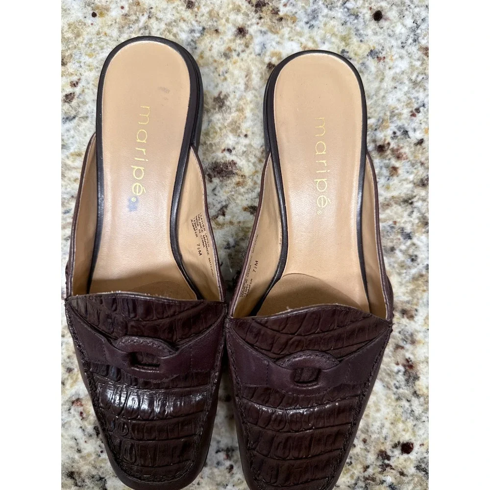 Maripe Jennifer Brown Leather Croc Embossed Mules Loafer Slides Womens 7.5 M - Picture 5 of 9